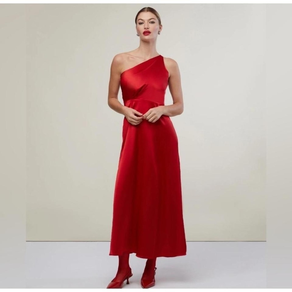 Rachel‎ Parcell Red Silky Charmeuse One Shoulder Slit Midi Dress 4